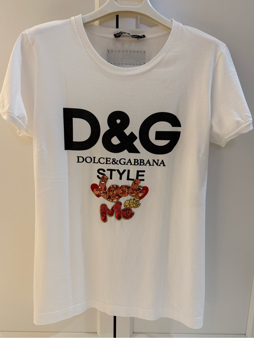 Dolce & Gabbana White Tee with Black Logo and Red Sequin 'Love Me'